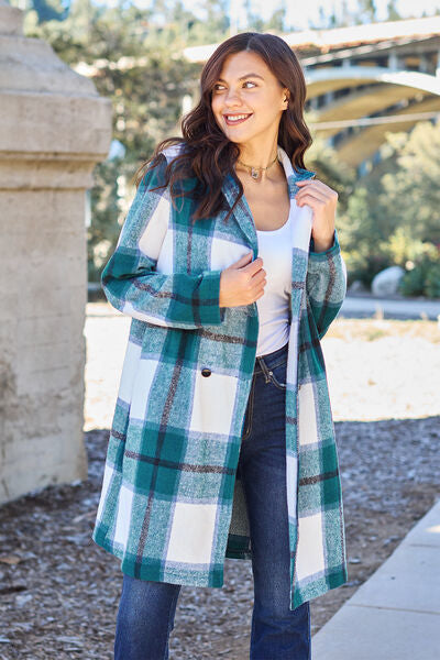 Double Take Full Size Plaid Button Up Lapel Collar Coat French Blue S 