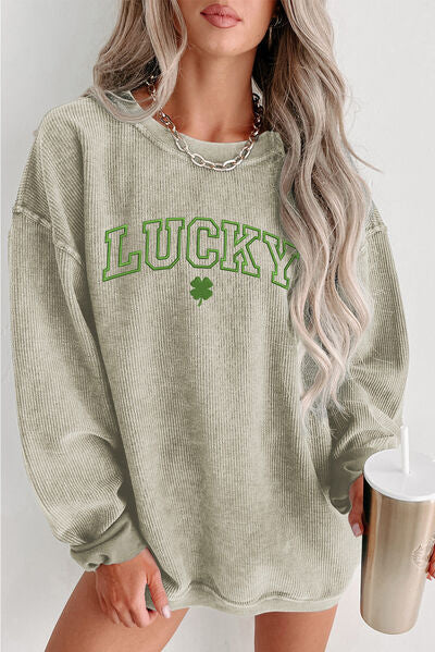 LUCKY Round Neck Dropped Shoulder Sweatshirt Light Green S 