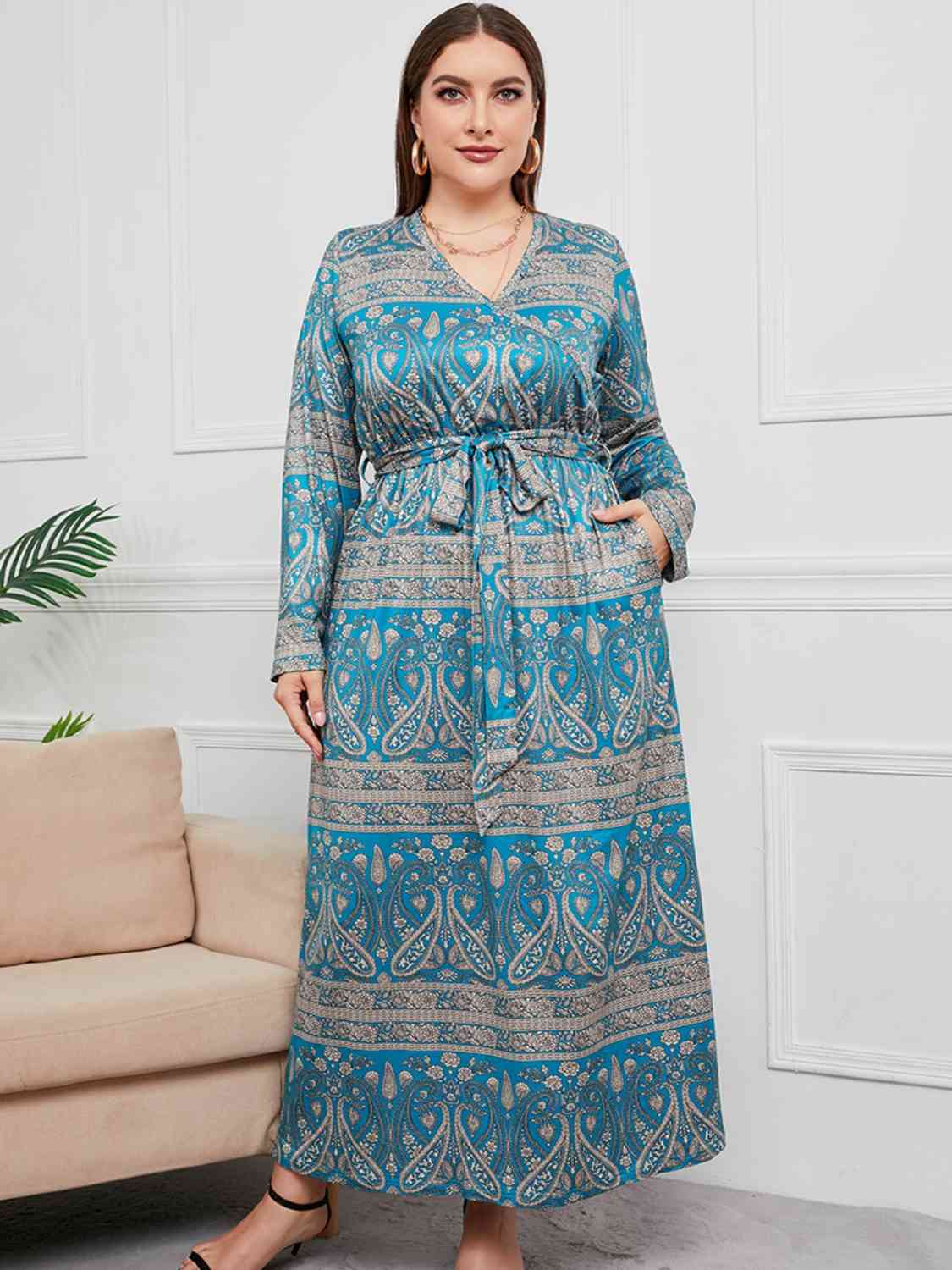 Plus Size V-Neck Tied Maxi Dress with Pocket Peacock  Blue 1XL 