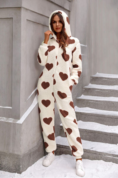 Fuzzy Heart Zip Up Hooded Lounge Jumpsuit Burnt  Umber S 