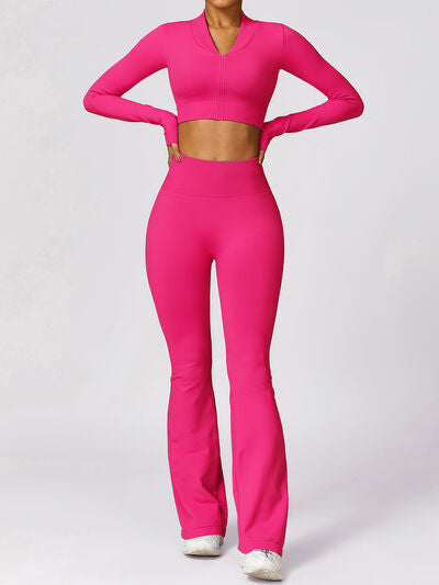 Zip Up Baseball Collar Outerwear and High Waist Pants Active Set Hot Pink S 