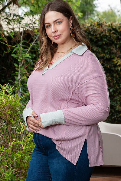 Plus Size Exposed Seam Johnny Collar Long Sleeve T-Shirt   