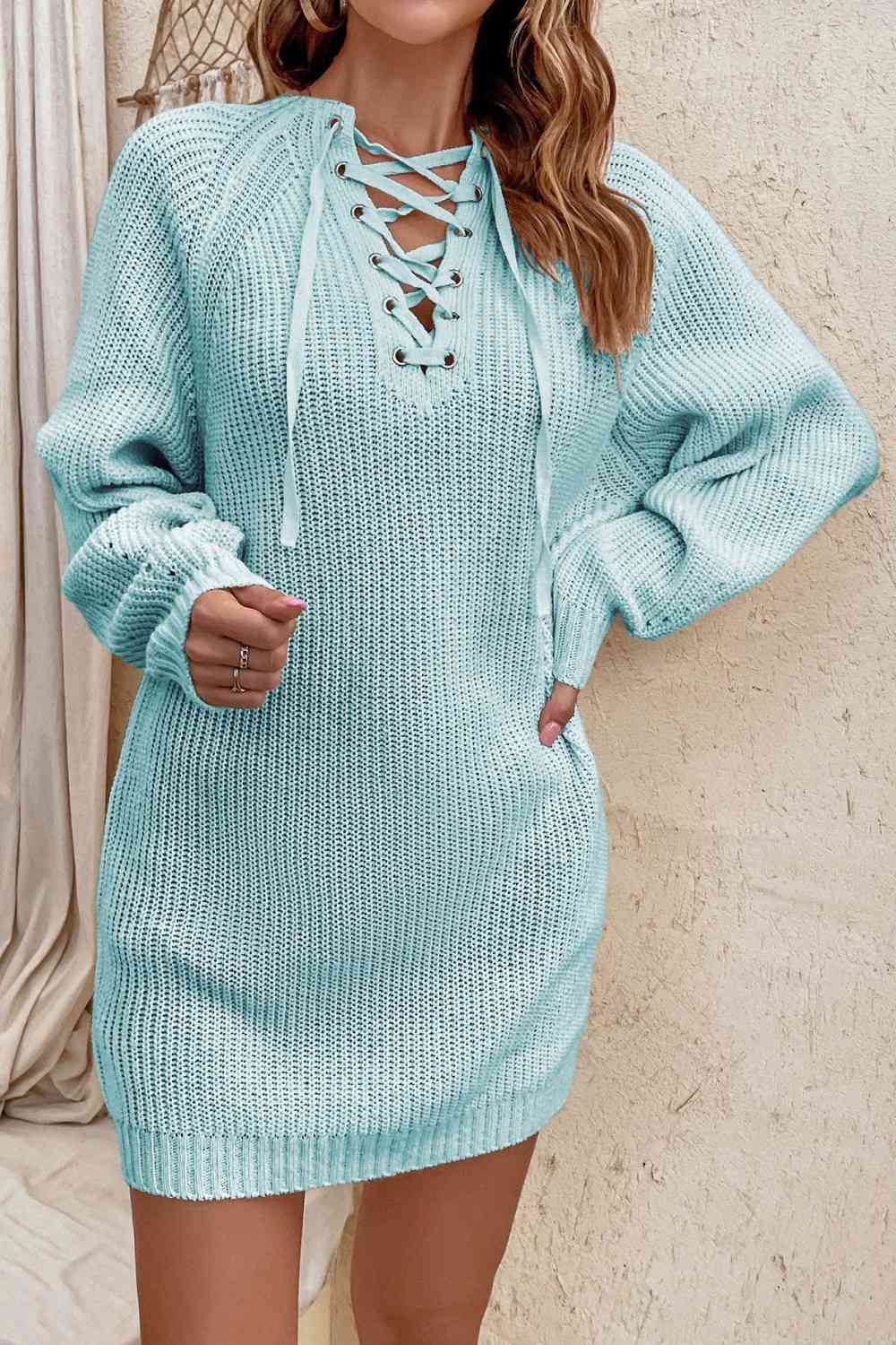 Lace-Up Mini Sweater Dress Mint Blue S 