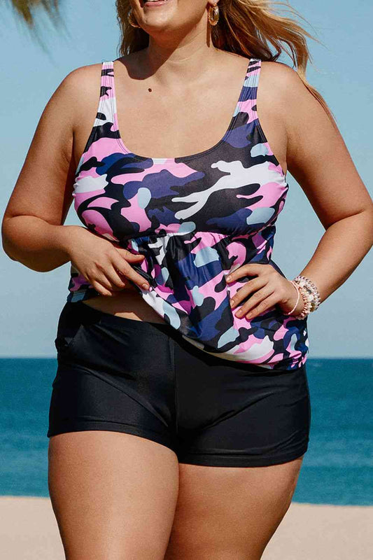 Plus Size Camouflage Peplum Two-Piece Tankini Set Multi 1X 