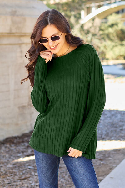 Basic Bae Full Size Ribbed Round Neck Long Sleeve Knit Top Green S 