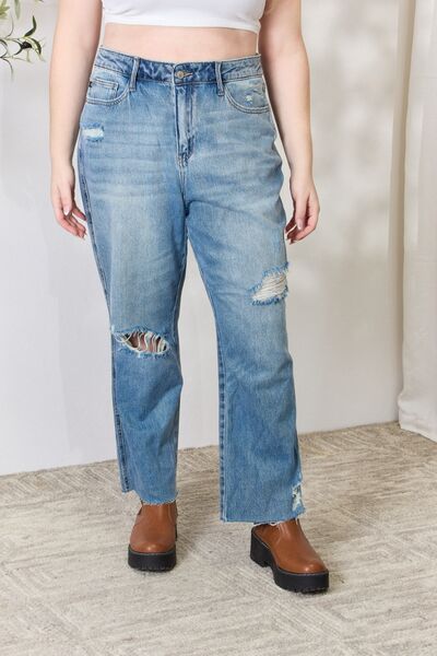 Judy Blue Full Size Distressed Raw Hem Straight Jeans   