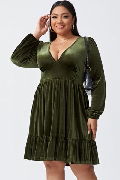 Plus Size Plunge Long Sleeve Mini Dress Army Green 1XL 