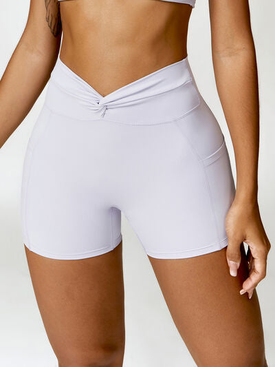 Twisted High Waist Active Shorts with Pockets White S 