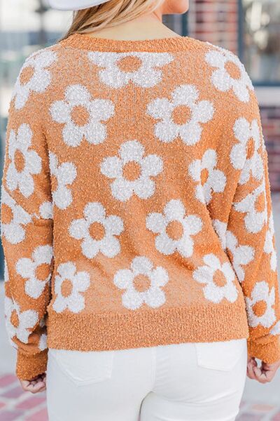 Flower Round Neck Dropped Shoulder Sweater   