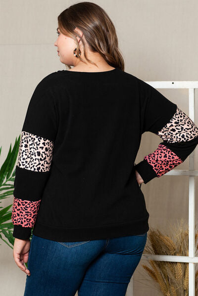 Plus Size Leopard Dropped Shoulder Long Sleeve T-Shirt   