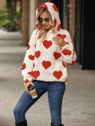 Fuzzy Heart Pocketed Dropped Shoulder Hoodie   