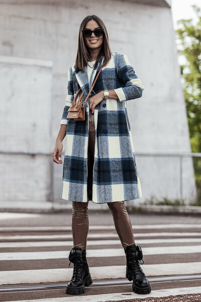 Double Take Full Size Plaid Button Up Lapel Collar Coat Peacock  Blue S 