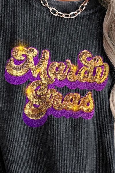 Sequin Mardi Gras Embroidered Round Neck Sweatshirt   