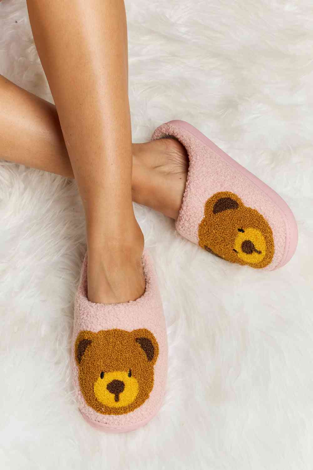 Melody Teddy Bear Print Plush Slide Slippers Blush Pink S 