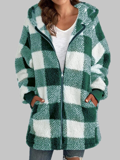 Plaid Zip-Up Hooded Jacket with Pockets Green S 