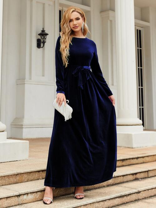 Tie Front Round Neck Long Sleeve Maxi Dress Navy S 