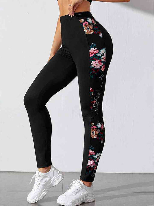 Floral Print Wide Waistband Pants Black S 