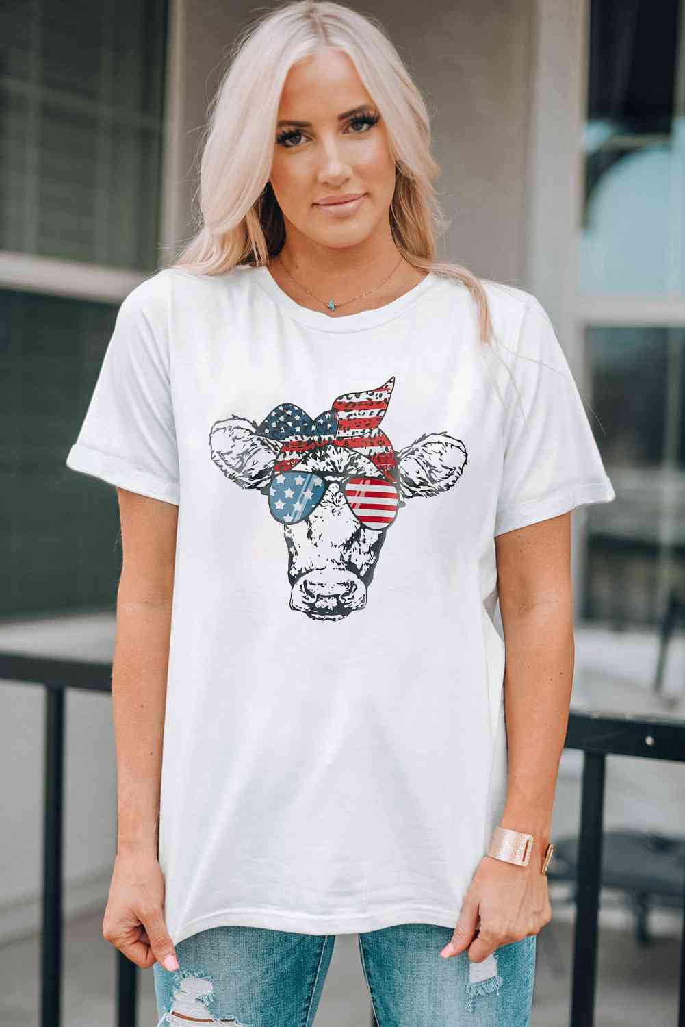 US Flag Cow Graphic Short Sleeve Tee White S 