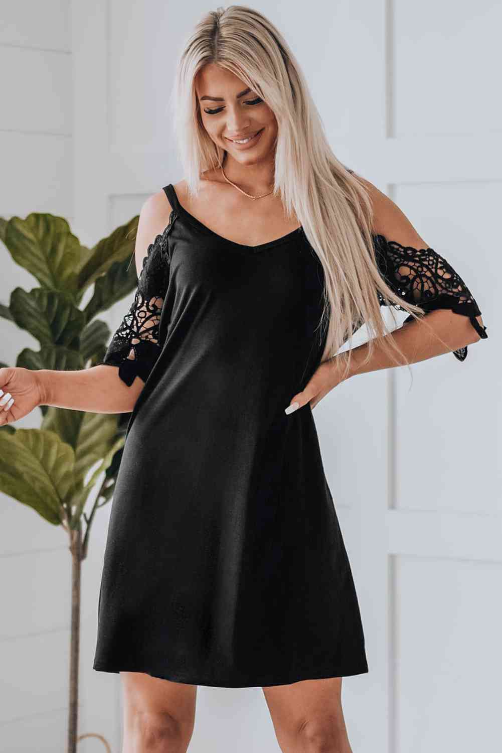 Spliced Lace Cold-Shoulder Mini Dress Black S 