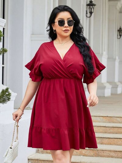 Plus Size Ruched Surplice Flounce Sleeve Mini Dress Deep Red 1XL 