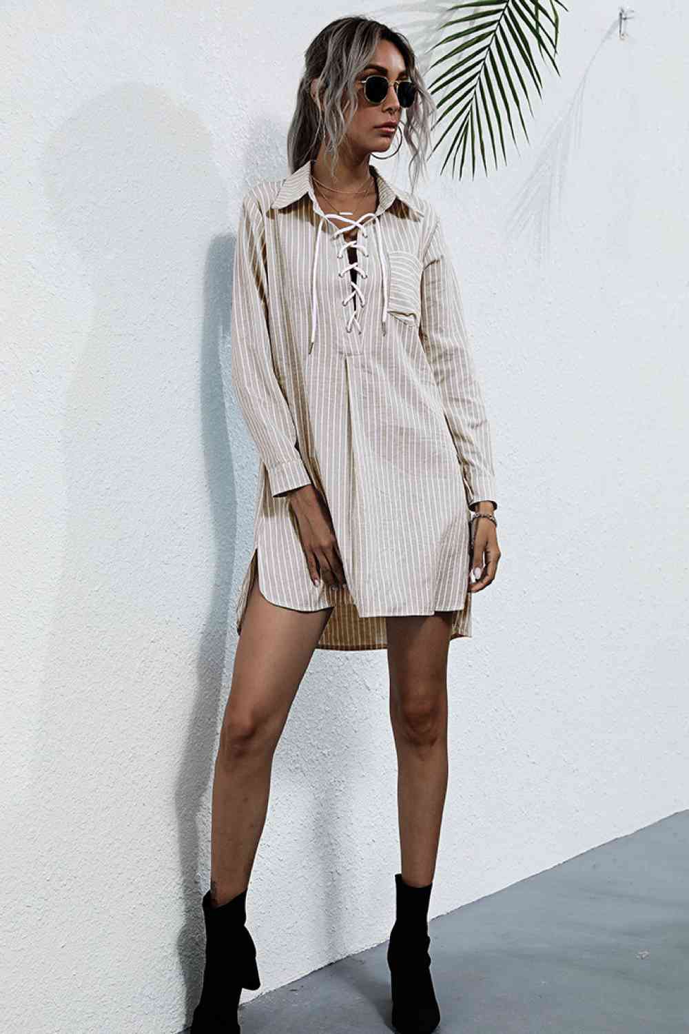 Lace Up Collar Shirt Dress Khaki S 