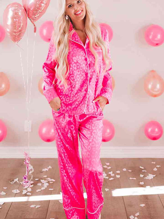 Printed Long Sleeve Top and Pants Lounge Set Hot Pink S 