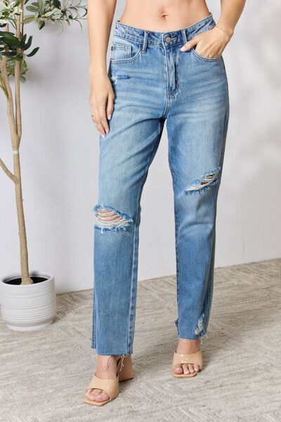 Judy Blue Full Size Distressed Raw Hem Straight Jeans   