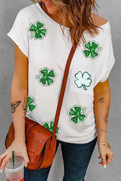 Sequin Lucky Clover Boat Neck T-Shirt White M 