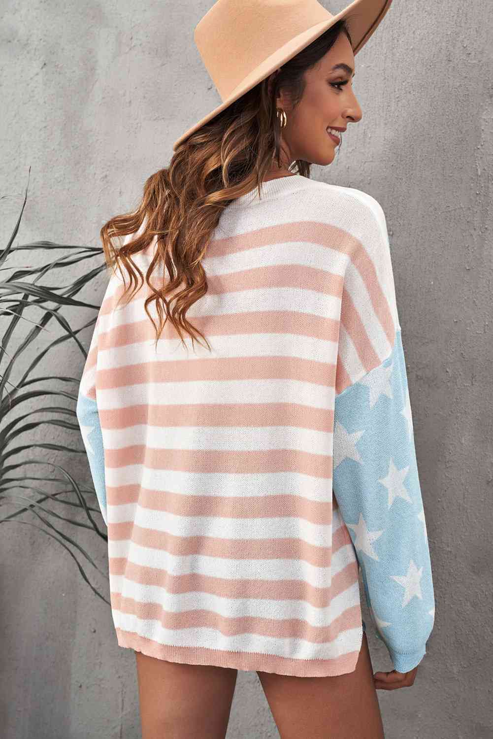 US Flag Side Slit Drop Shoulder Knit Pullover   