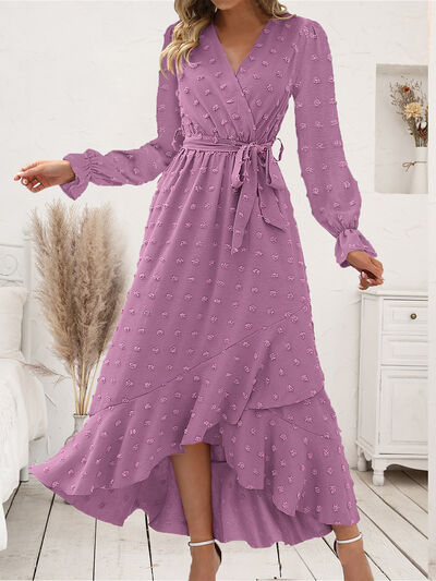 Swiss Dot Tie Waist Flounce Sleeve Dress Lilac S 