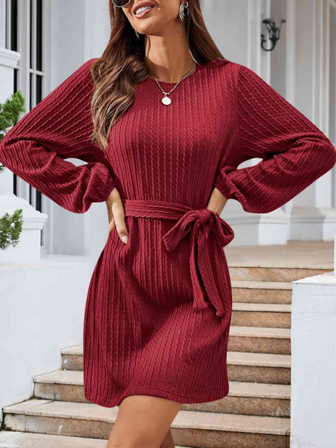 Round Neck Tie Front Long Sleeve Dress Brick Red S 