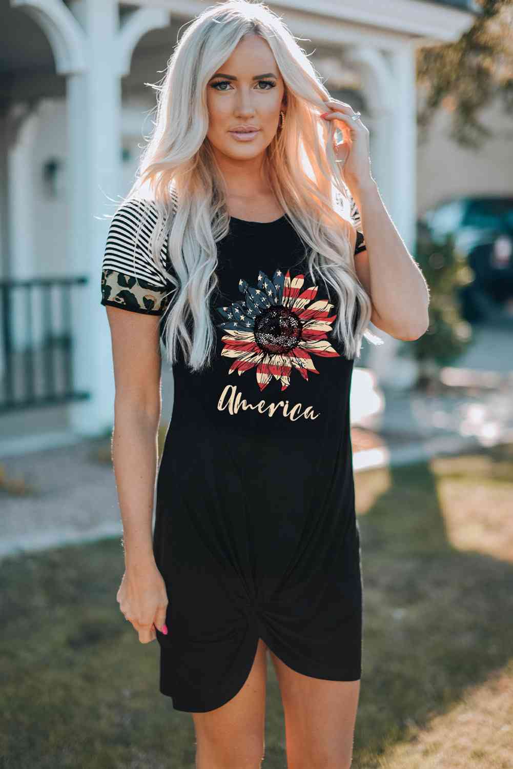 AMERICA US Flag Flower Graphic Twisted Dress   