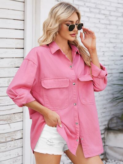 Pocketed Snap Down Dropped Shoulder Denim Shacket Fuchsia Pink S 