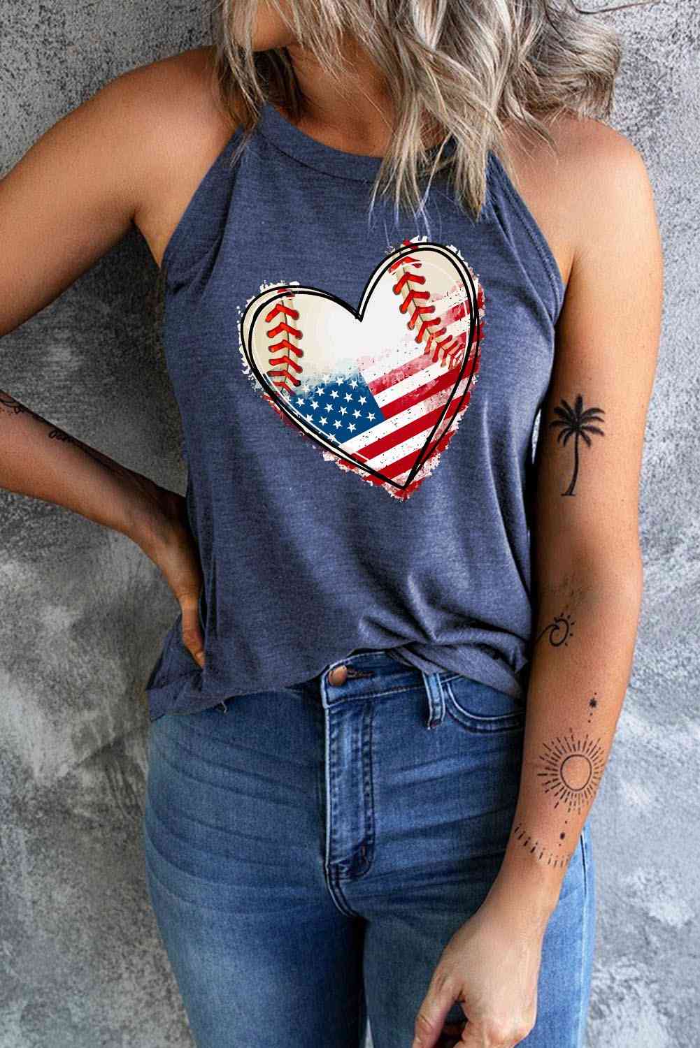 US Flag Heart Graphic Tank Dusty  Blue XS 