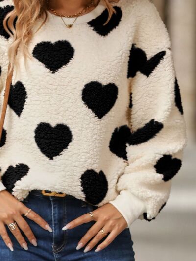 Fuzzy Heart Dropped Shoulder Sweatshirt   