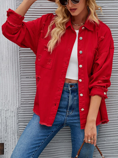 Distressed Raw Hem Button Up Denim Jacket Deep Red S 