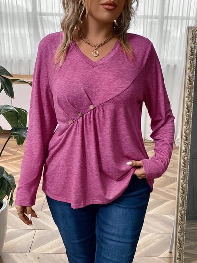 Plus Size Heathered V-Neck Decorative Button T-Shirt Light Mauve 1XL 