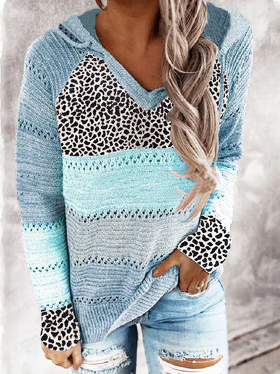Full Size Openwork Leopard Drawstring Hooded Sweater Misty  Blue S 