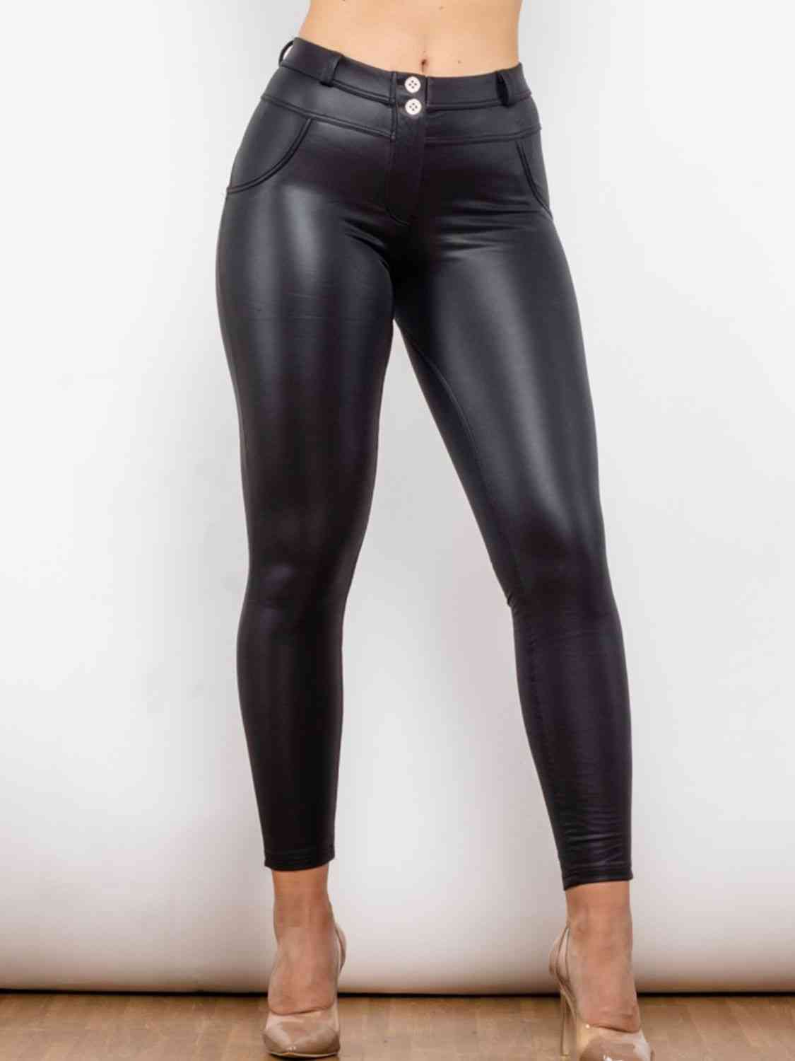 Matte PU Leather Buttoned Long Pants Black XS 