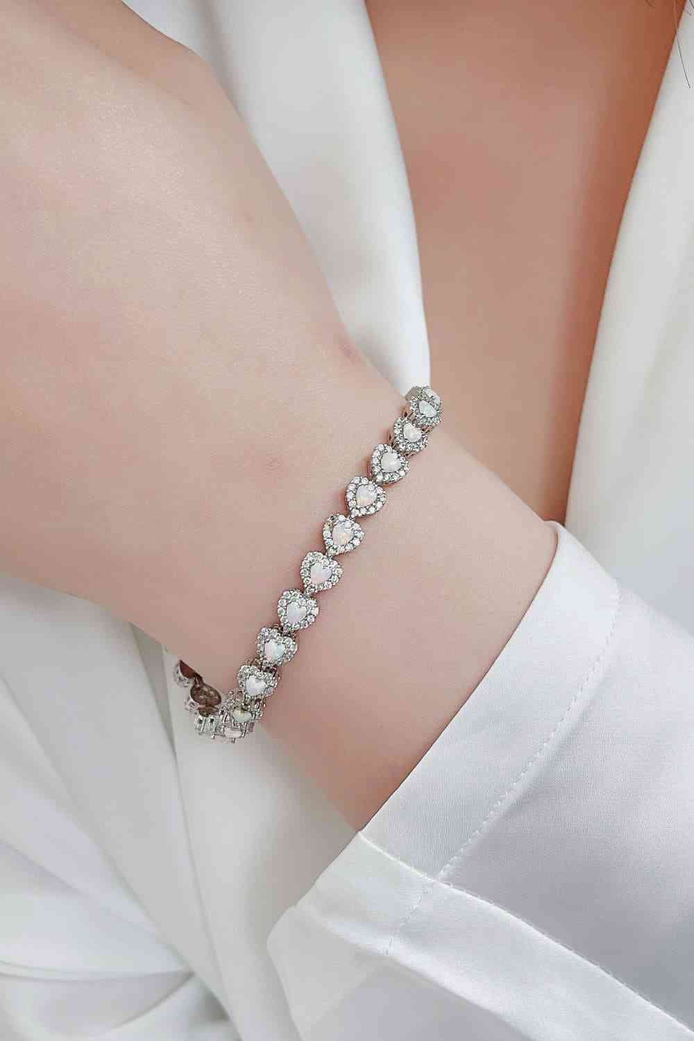 925 Sterling Silver Opal Heart Bracelet White One Size 
