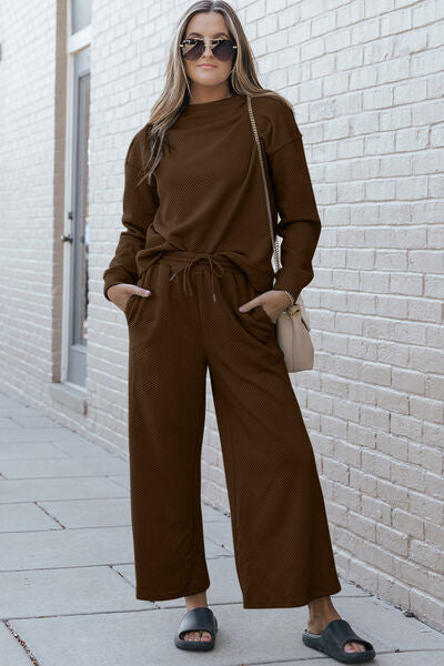 Double Take Full Size Textured Long Sleeve Top and Drawstring Pants Set Chestnut S 