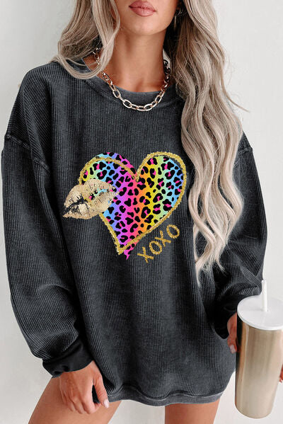 XOXO Leopard Round Neck Sweatshirt Charcoal S 