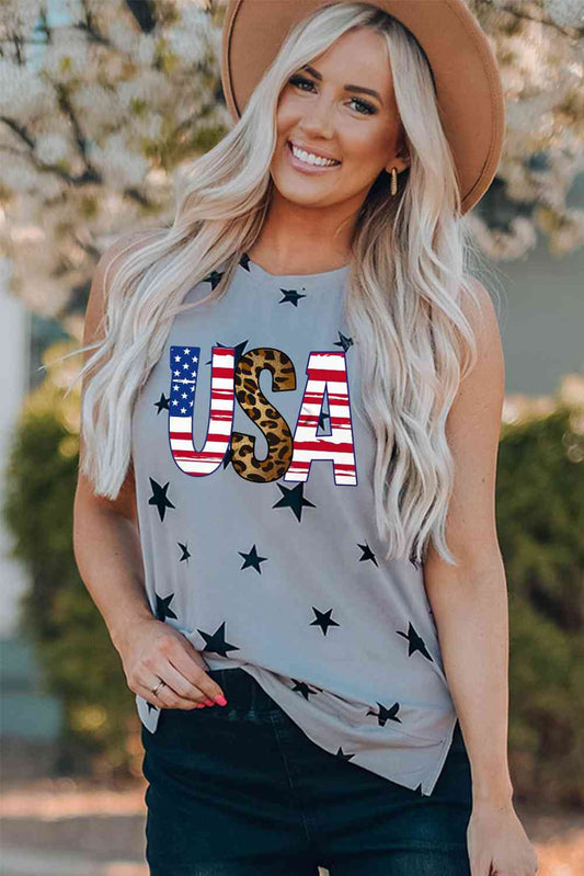 USA Star Print Tank with Slits Cloudy Blue M 