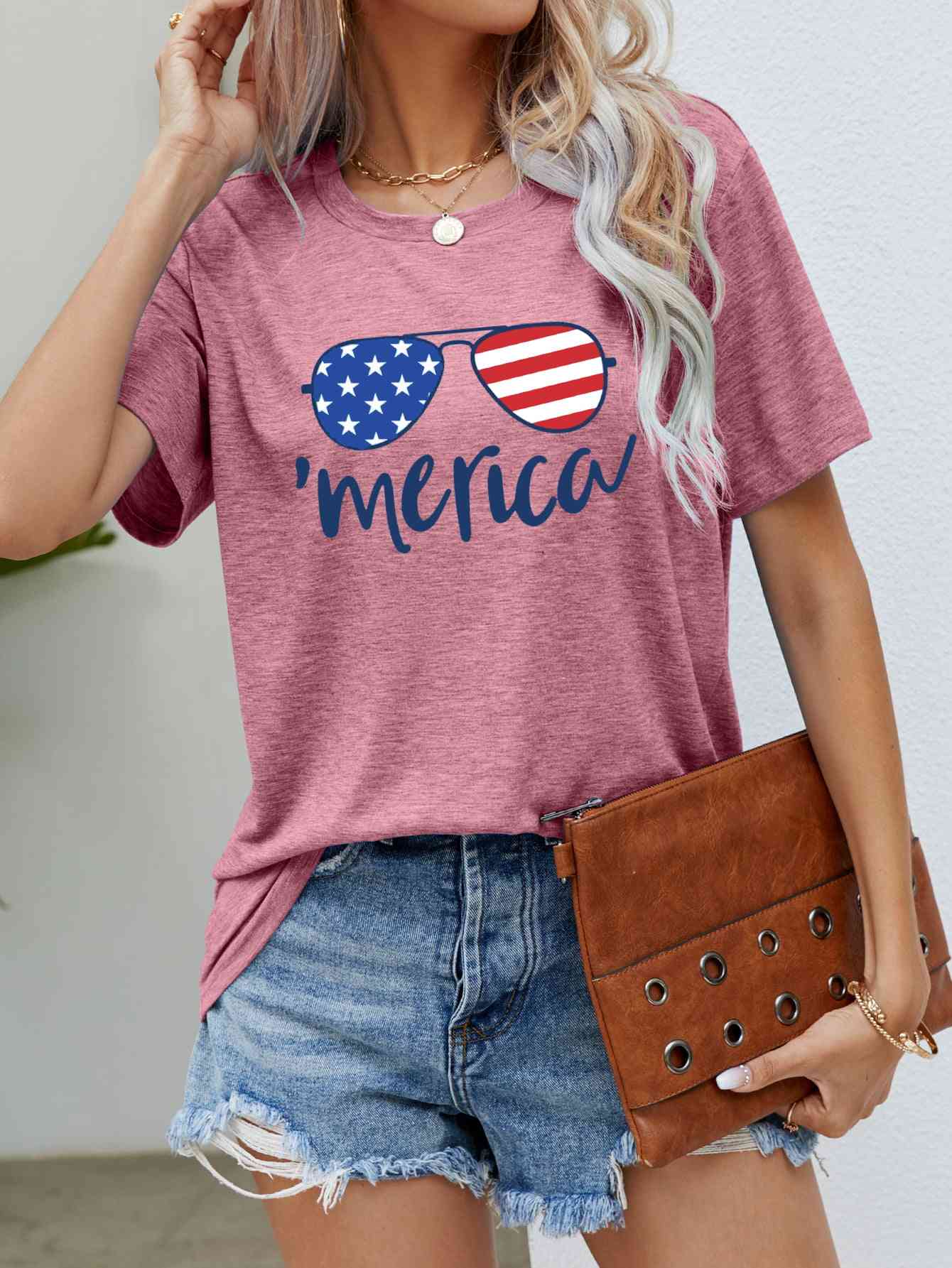US Flag Glasses Graphic Tee Dusty Pink S 