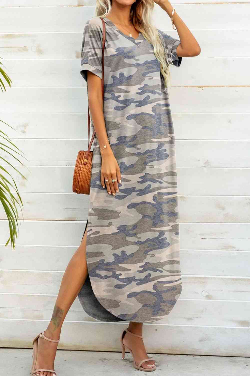 Printed V-Neck Curved Hem Dress   