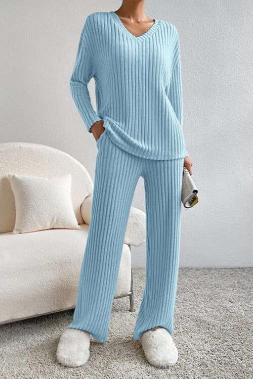 Ribbed V-Neck Top and Pants Set Pastel  Blue S 