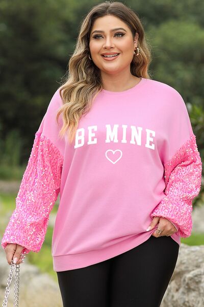 Plus Size BE MINE Sequin Round Neck Sweatshirt Carnation Pink 1XL 