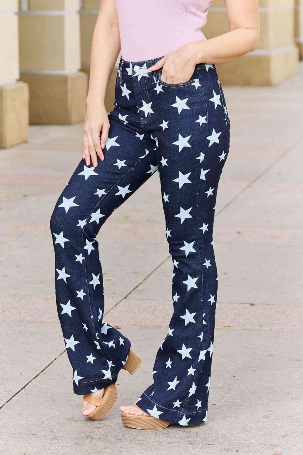 Judy Blue Janelle Full Size High Waist Star Print Flare Jeans   