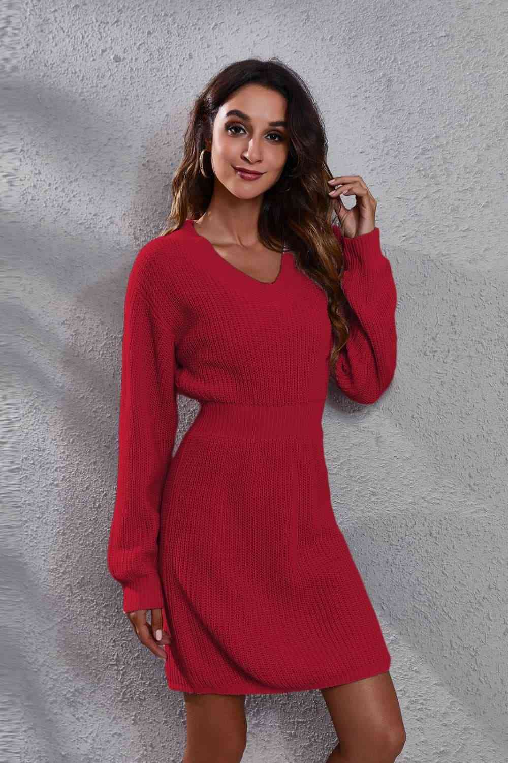 V-Neck Long Sleeve Rib-Knit Sweater Dress Red S 