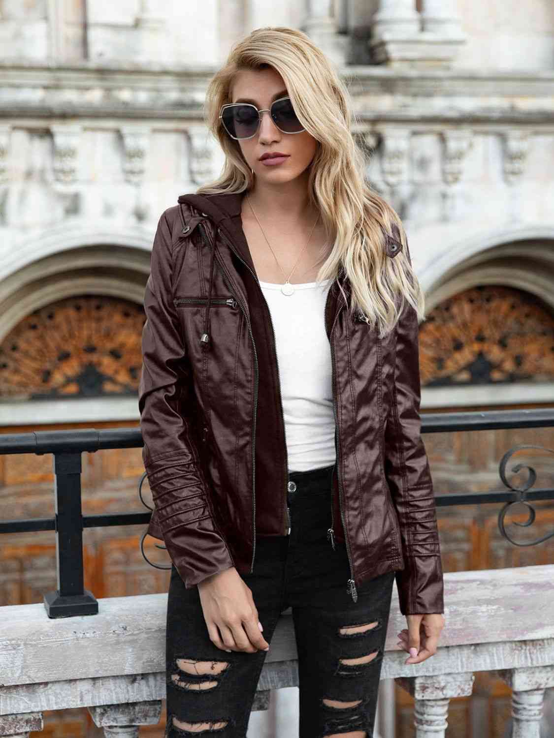 Full Size Zip-Up Hooded PU Jacket Chocolate XS 